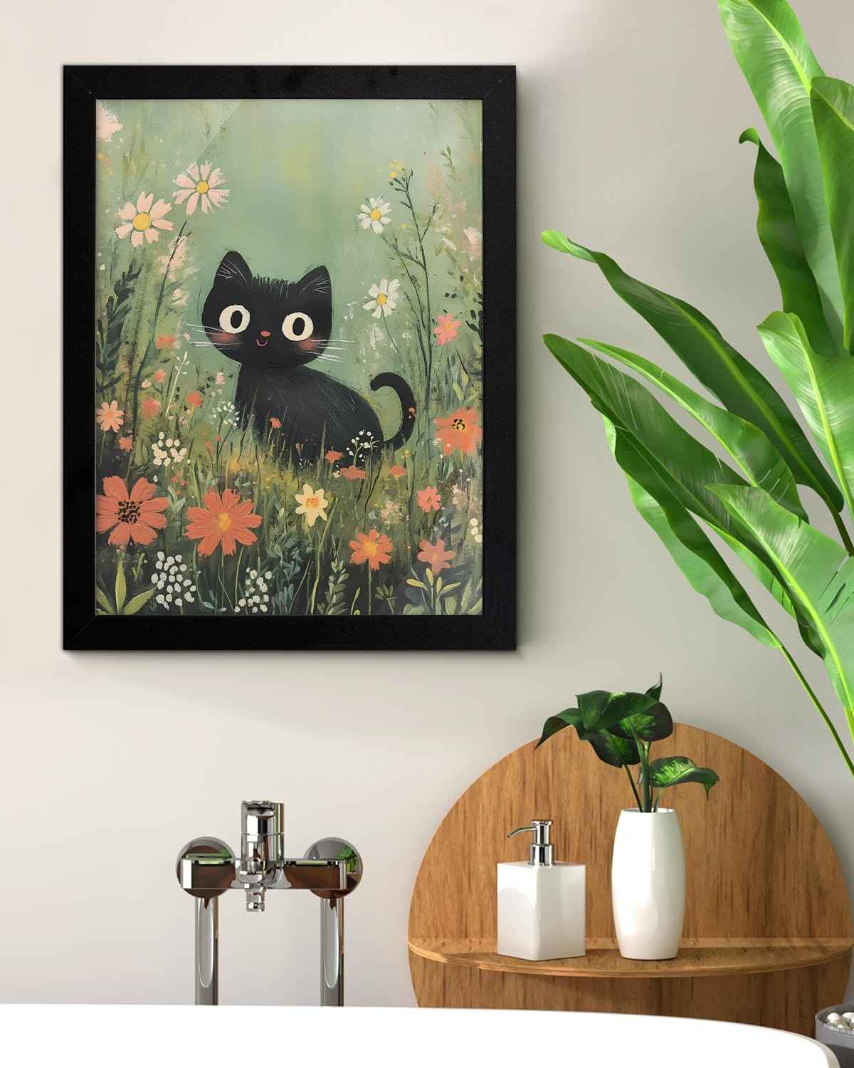 Arte de Parede Floral com Gatinho Fofo - Pintura Estética 15x20cm para Decoração de Casa e Presentes