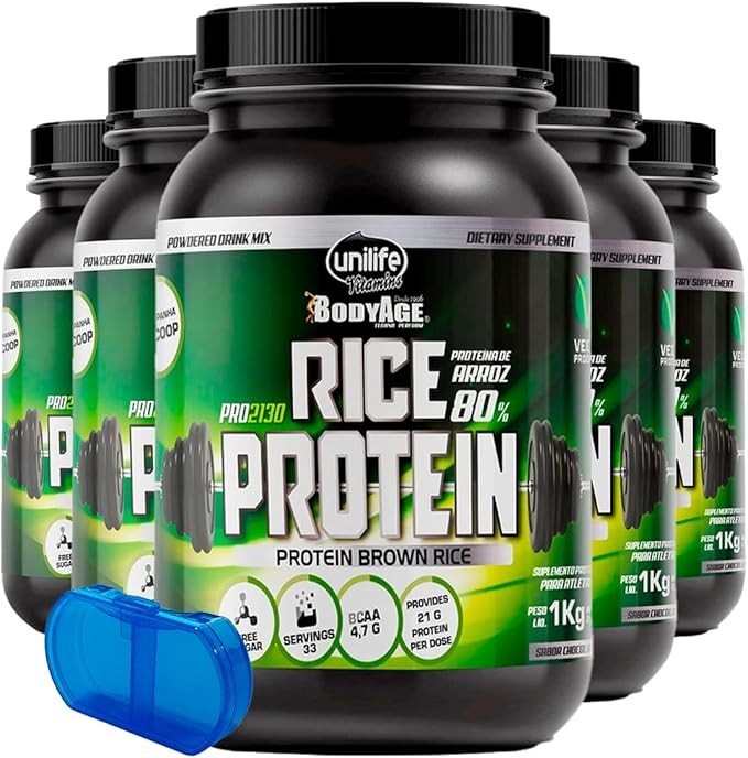 Rice Protein Proteína de Arroz Unilife 1kg Sabor Natural 5un + Porta Cápsulas