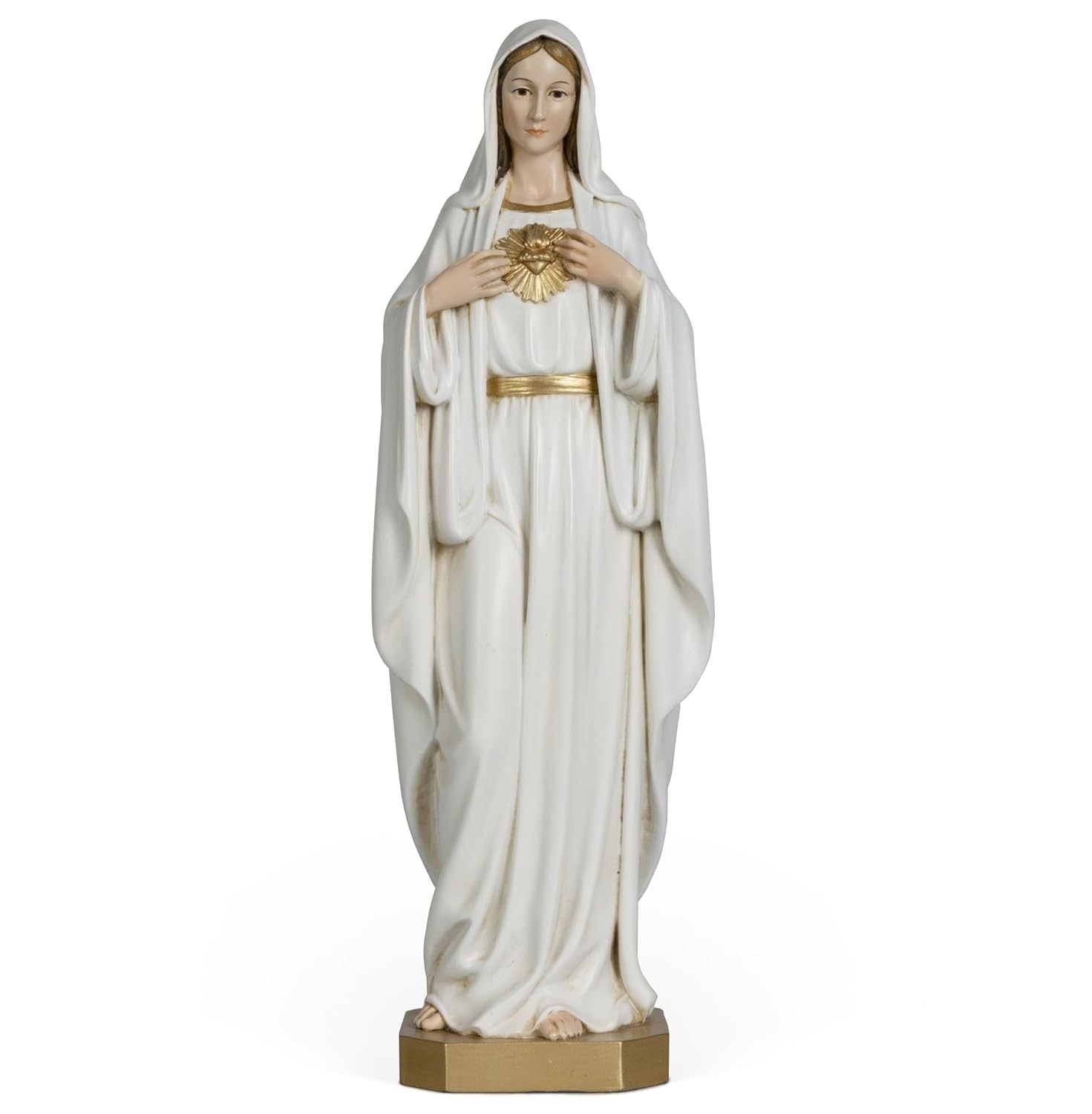 Estátua do Imaculado Coração de Maria Católica 25,4 cm - Ouro e Branco, Pintada à Mão, Presente Religioso Elegante