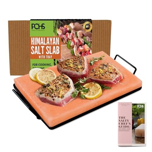 Prato de cozinha de bloco de sal do Himalaia 30 x 20 x 3,5 cm para cozinhar, grelhar, cortar e servir, com bandeja de metal e livreto de receitas, presentes exclusivos para homens, mulheres, chefs e