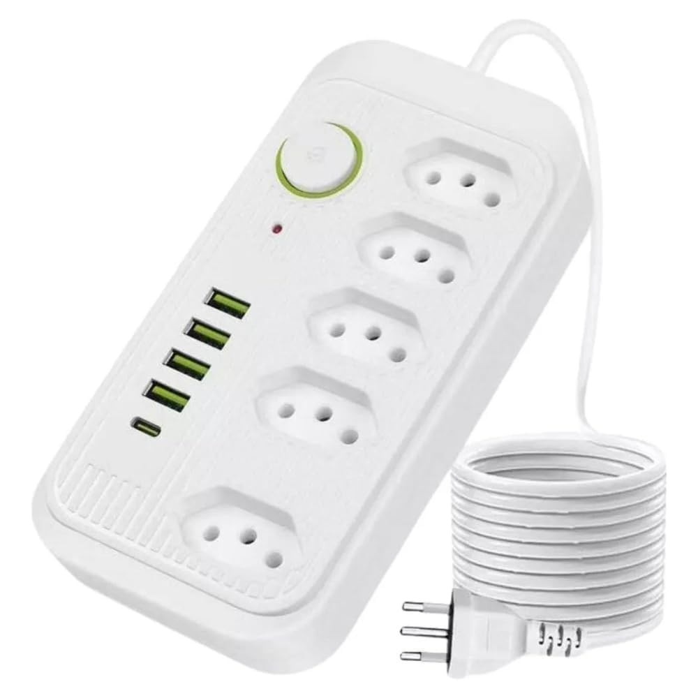 Régua de Energia Inteligente 5 Tomadas + 4 USB + 1 USB-C | Carregamento Rápido e Proteção Completa | Cabo 2m Bivolt