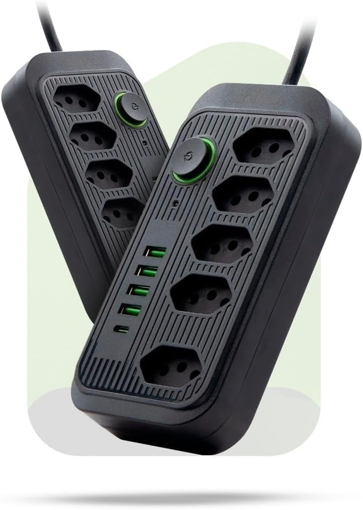 Régua de Energia Premium: 5 Tomadas, 4 USB + 1 Tipo-C, 2500W Bivolt
