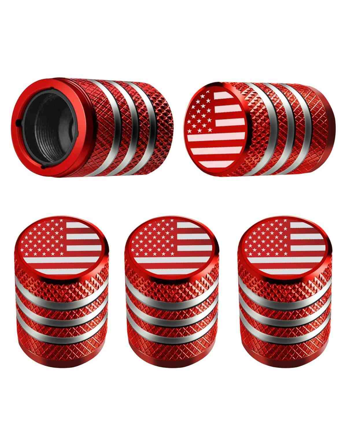 Kit 5 Tampas de Válvula de Pneu Metal com Forro Plástico - Bandeira Americana - Antivazamento e Antiferrugem para Carros, Caminhões e Motos