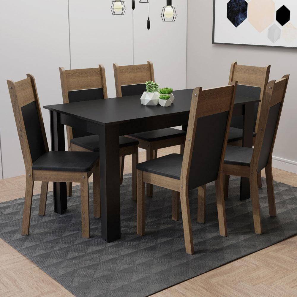Conjunto de Jantar Medelin 6 Cadeiras Madesa com Mesa em Madeira Rustic Preta
