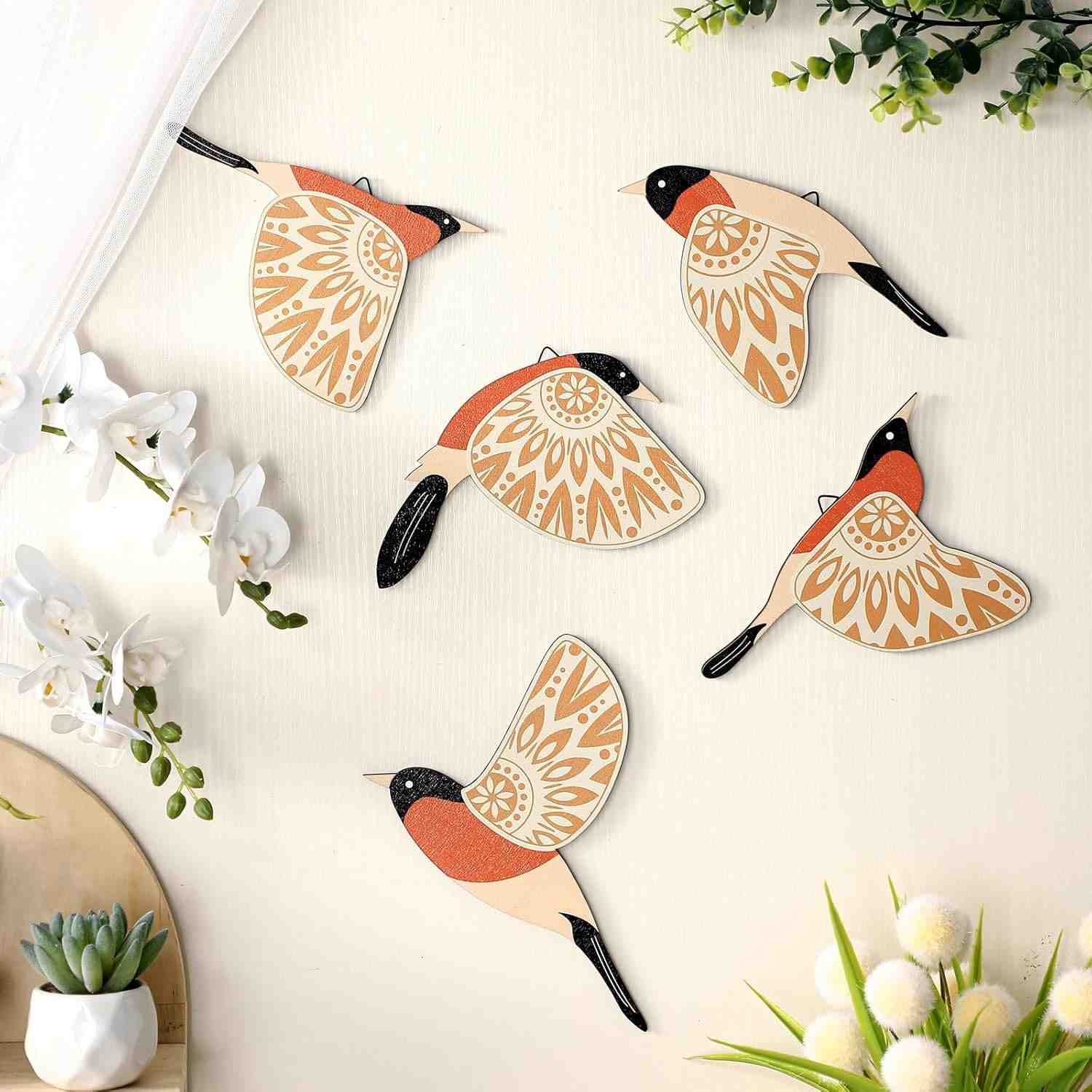 Barydat 5 Peças Arte de Parede Pássaros Voadores Madeira | Decoração Rústica Escandinava para Sala, Quarto e Cozinha