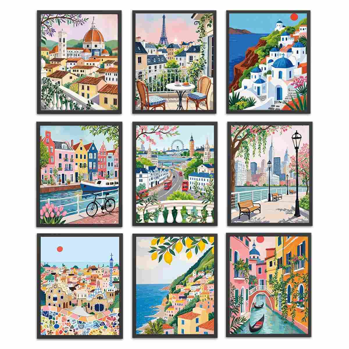 Conjunto de 9 Pôsteres Vintage de Cidades Europeias - Arte de Parede Moderna para Sala, Quarto e Escritório