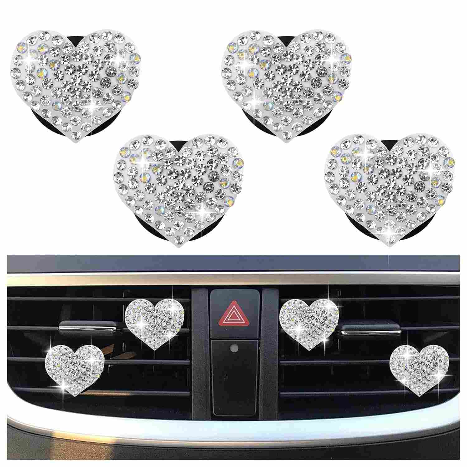 4 Clipes de Ventilação de Carro Coração com Strass Brilhante - Decoração Premium