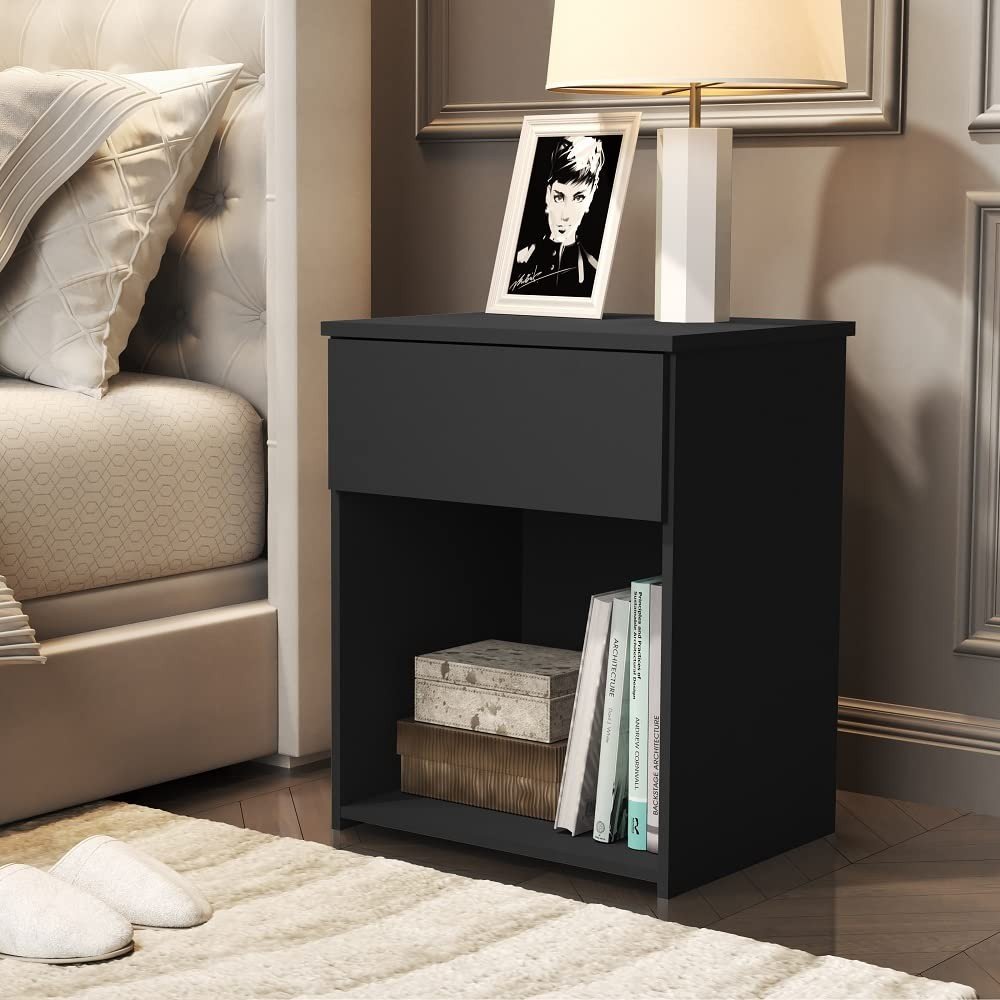 Mesa de Cabeceira Jasmim com Gaveta e Prateleira - Design Moderno em Preto