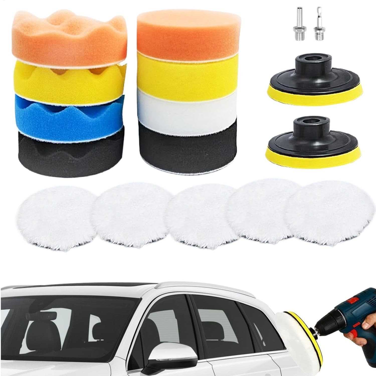 Almofadas de Polimento com Adaptador de Broca - Conjunto Profissional para Limpeza e Brilho do Carro