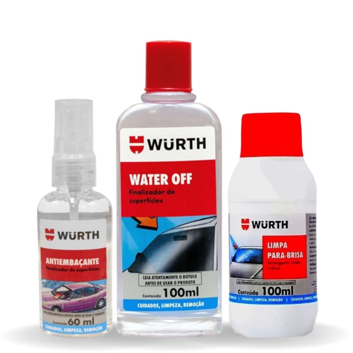Kit Water Off Wurth - Repelente de Água + Antiembaçante + Limpa Parabrisa para Carro