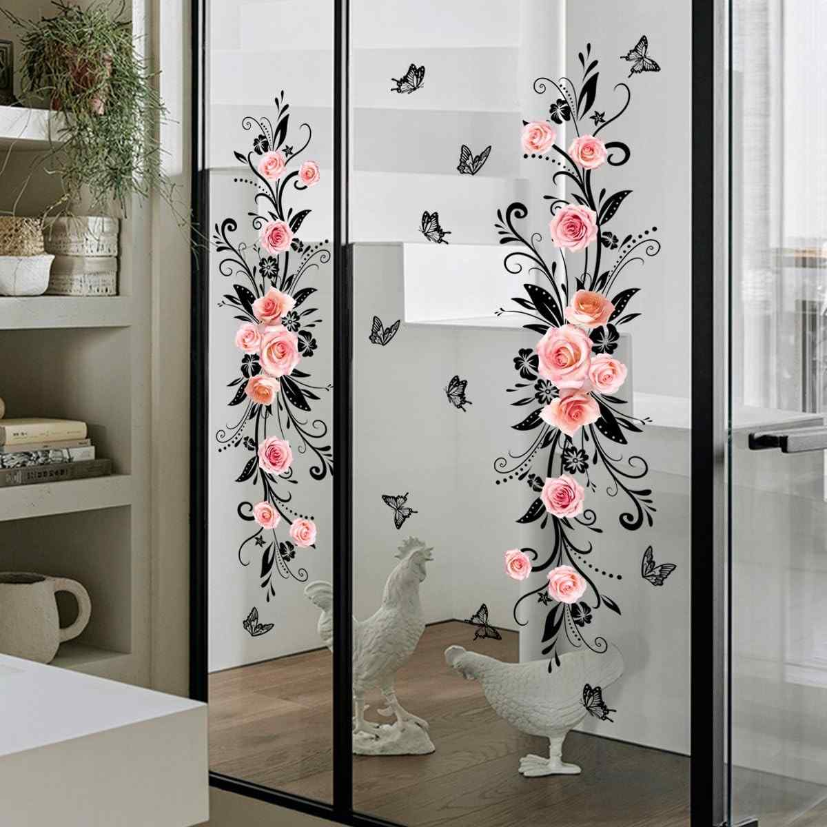 Adesivos de Janela Floral Rosa com Efeito Anticolisão - Decalque de Vinil para Decoração de Portas e Paredes