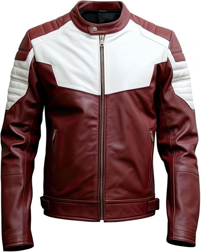 Jaqueta masculina de couro motociclista de pele de carneiro genuína | Branco marrom, gola alta.