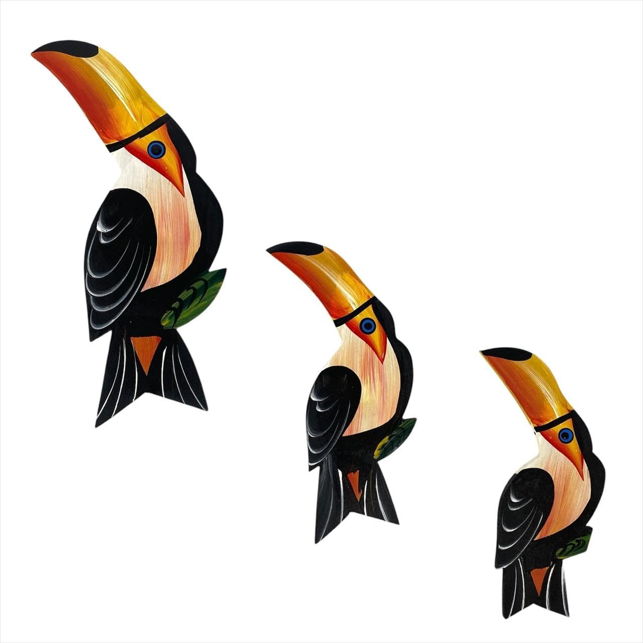 Trio de Tucanos P - Decoração Tropical para Casa, Varanda e Jardim | Artesanato em MDF com Pintura Manual