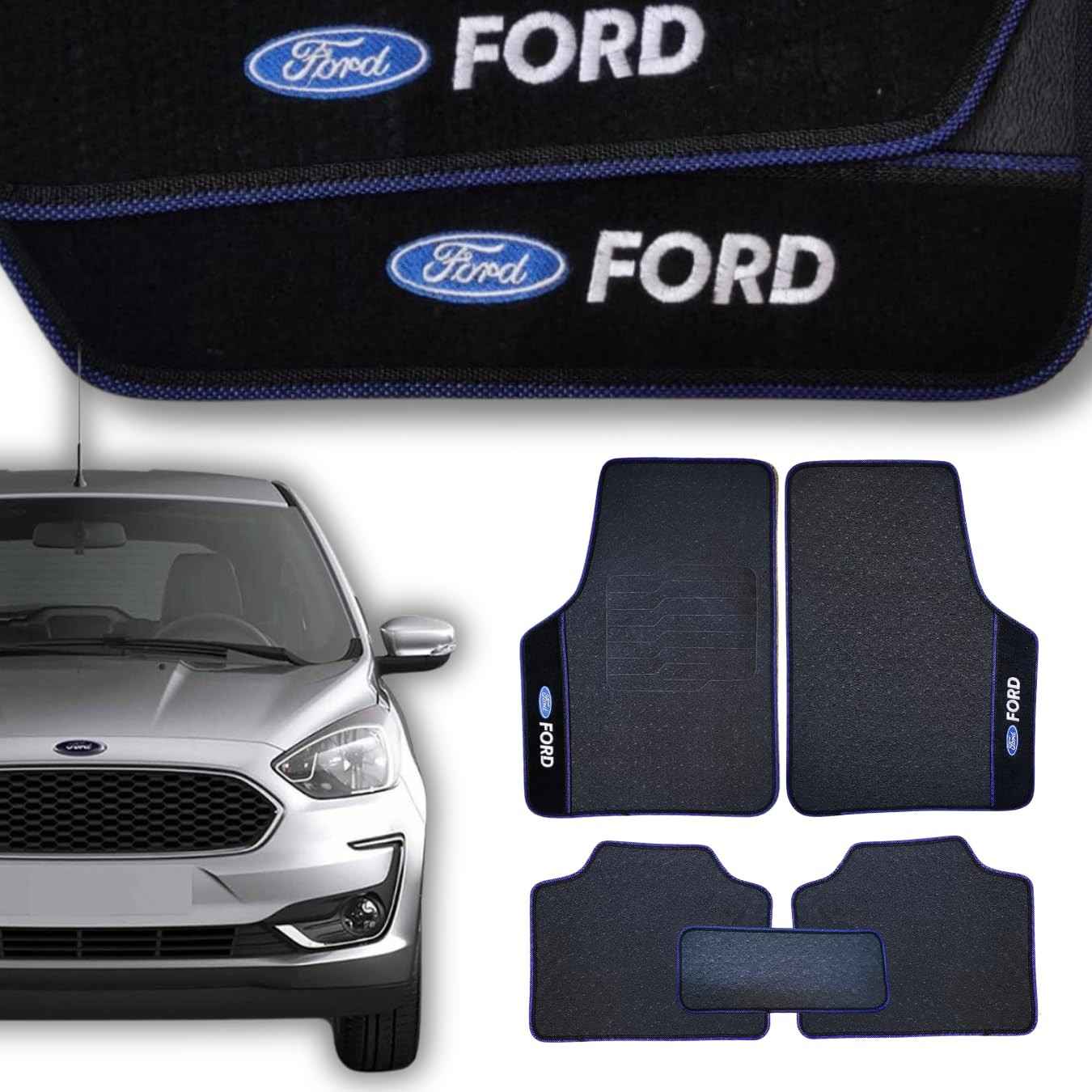 Jogo de Tapetes Automotivos Emborrachados Universal Ford - 5 Peças Azul Premium
