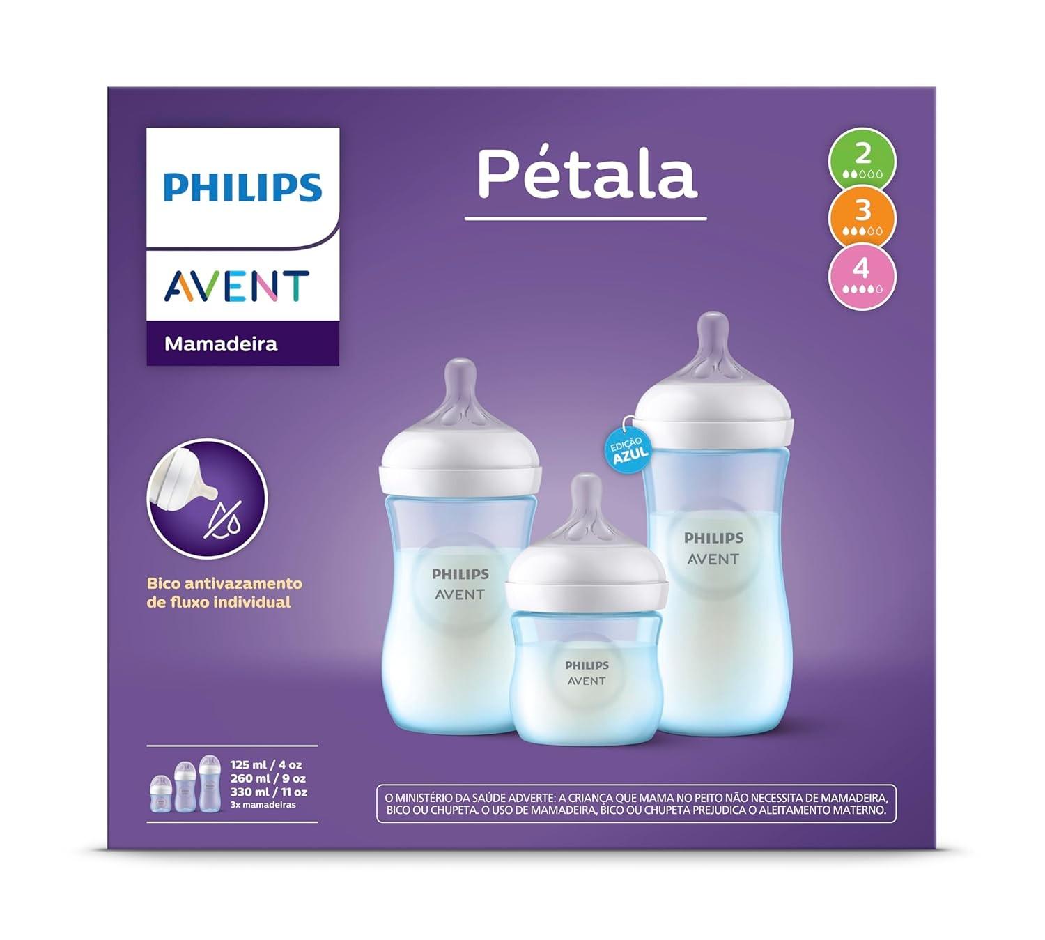 Philips Avent Kit de Mamadeiras Pétala 3.0 - 3 Unidades com Bicos de Diferentes Fluxos - Azul