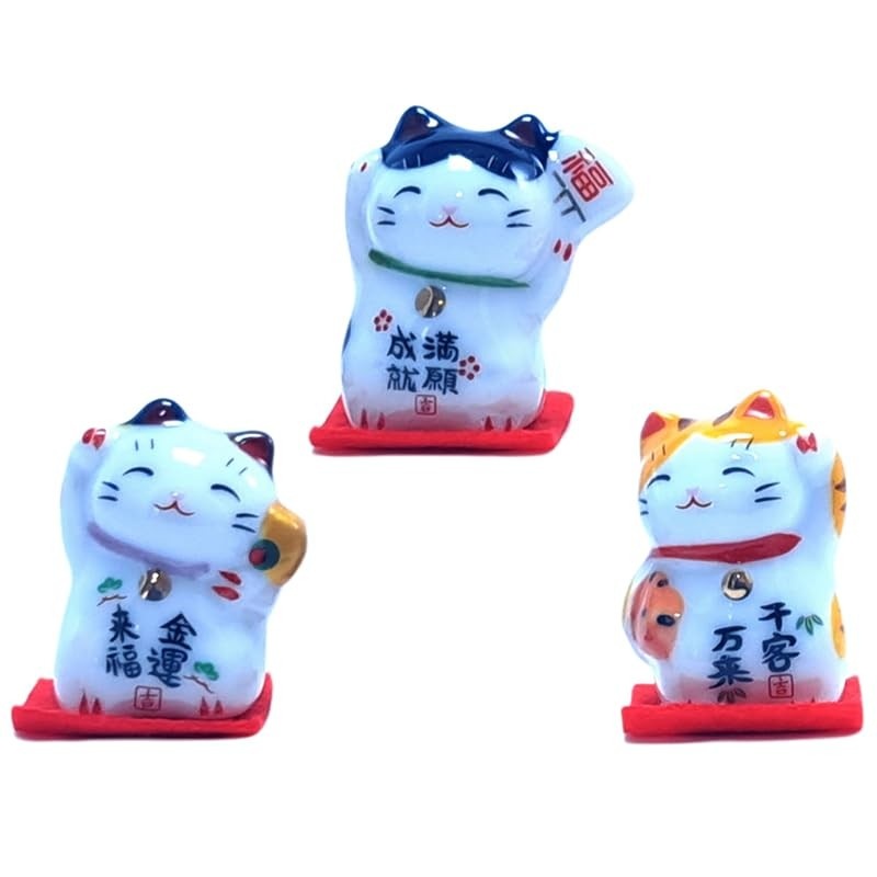 Gato da Sorte Japonês Maneki Neko - Kit com 3 Unidades | Símbolo de Boa Sorte, Riqueza e Boas-vindas