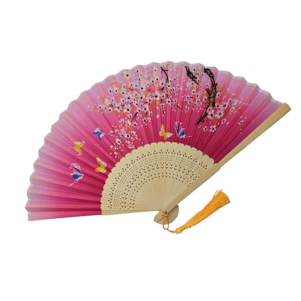 Leque de Madeira com Estampa Elegante Rosa Borboletas Coloridas - Ventilador de Mão Chique e Sustentável