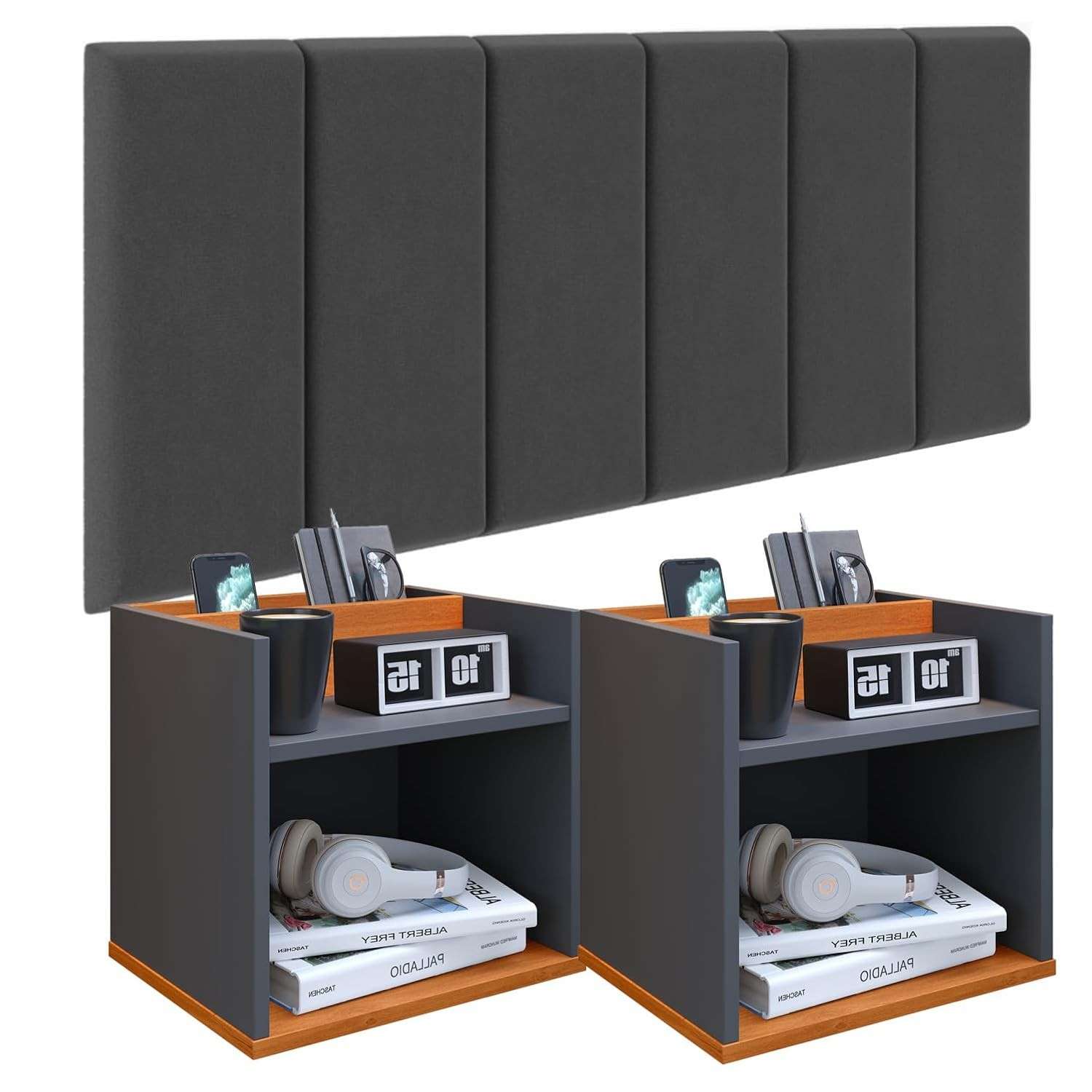 Conjunto Cabeceira Casal 140cm com Mesa de Cabeceira Suspensa e Porta Celular Madri