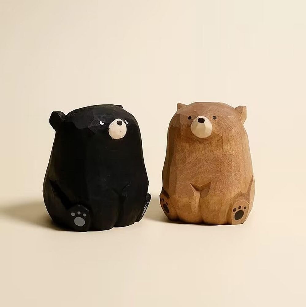 Mini Estatueta de Urso de Madeira Esculpida à Mão - Decoração Charmosa para Mesa e Casa