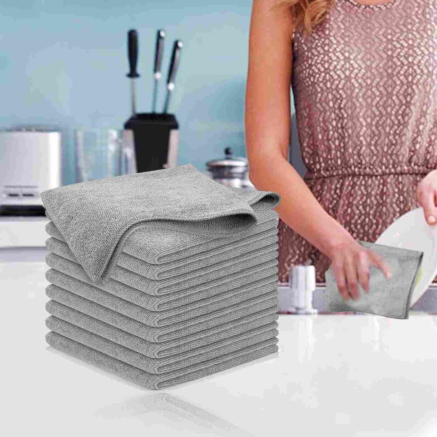Conjunto de Panos de Microfibra Cinza - Ultra Absorventes, Reutilizáveis e de Secagem Rápida (10 Peças)
