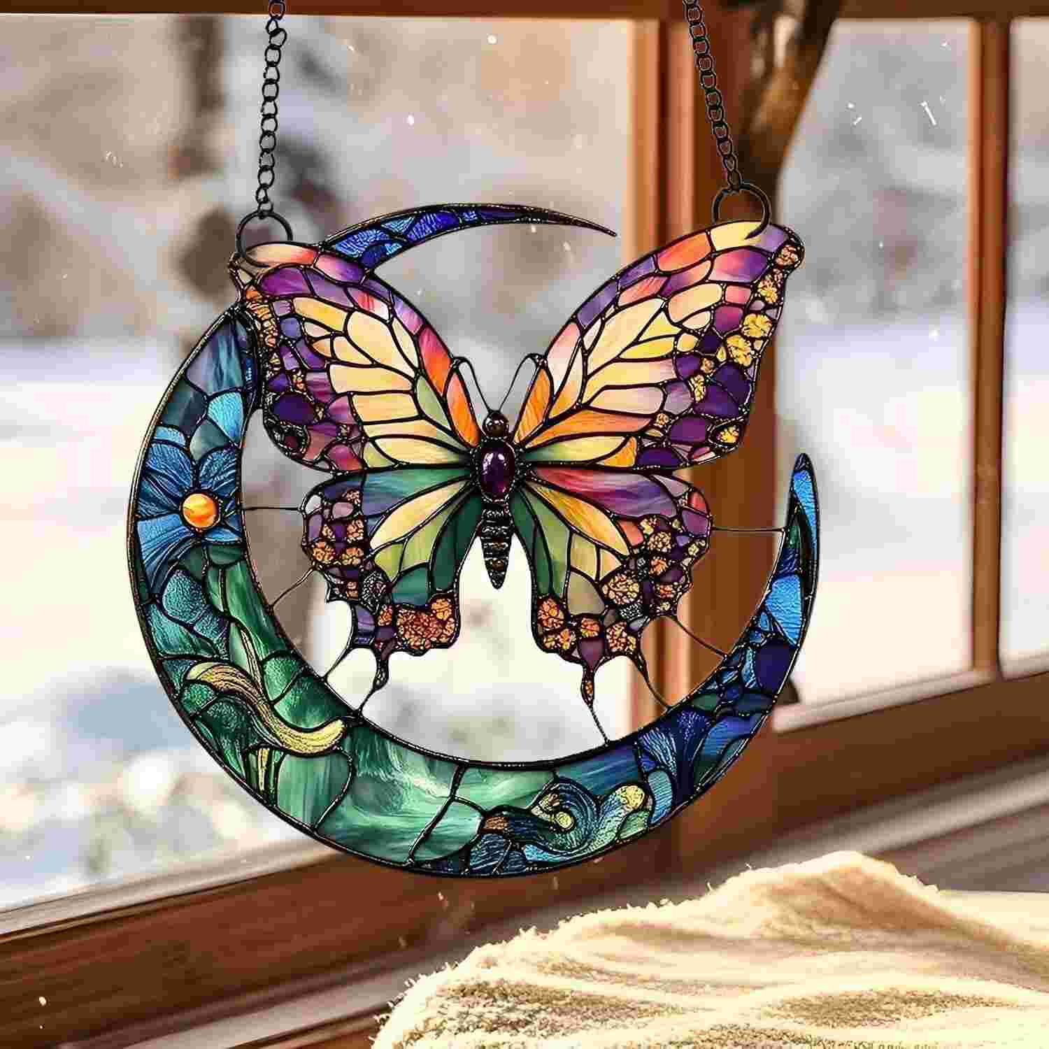 Protetor Solar de Acrílico Colorido com Lua Crescente e Borboleta Roxa - 15 cm - Decoração de Janela e Parede com Efeitos de Luz Vibrantes