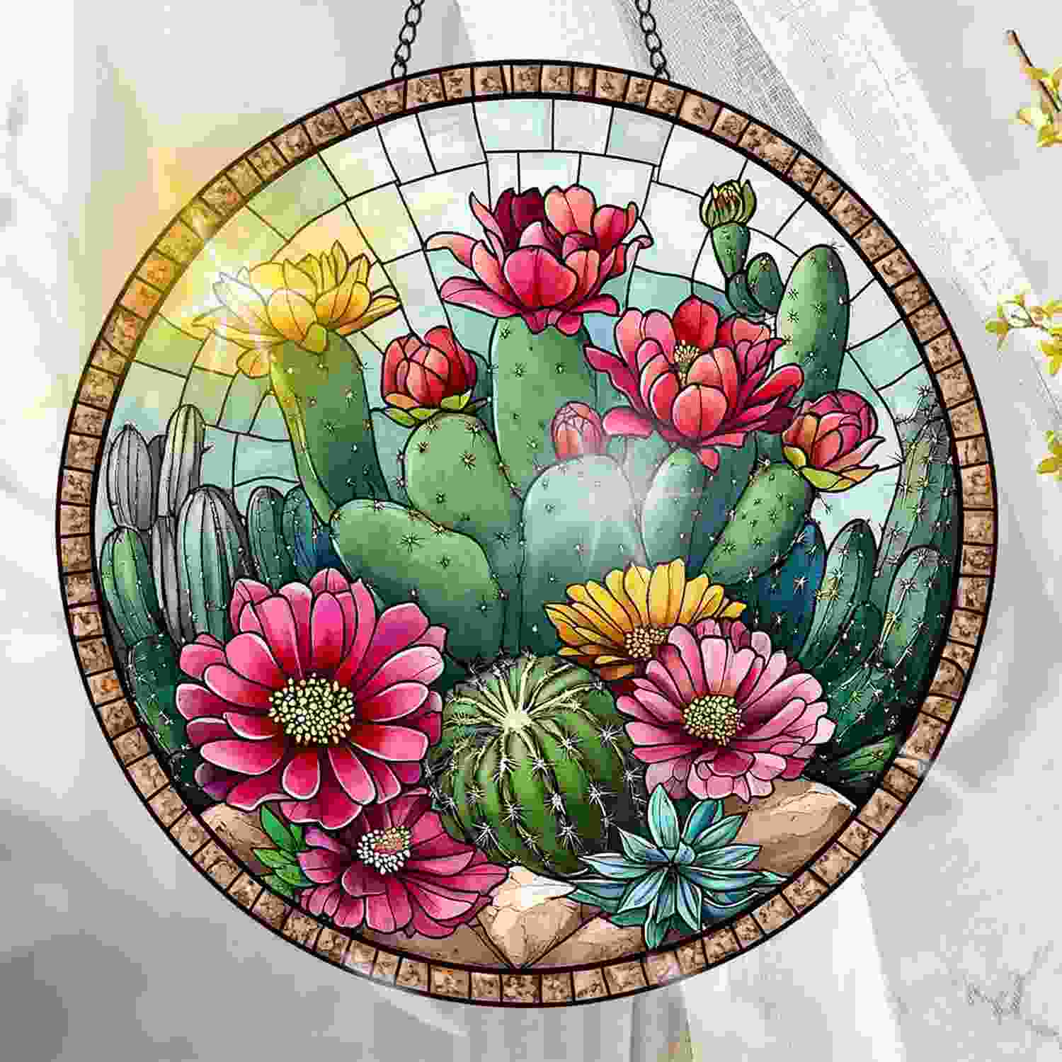 Suncatcher Acrílico Colorido com Design de Vitral - Artesanato para Janela e Decoração de Parede
