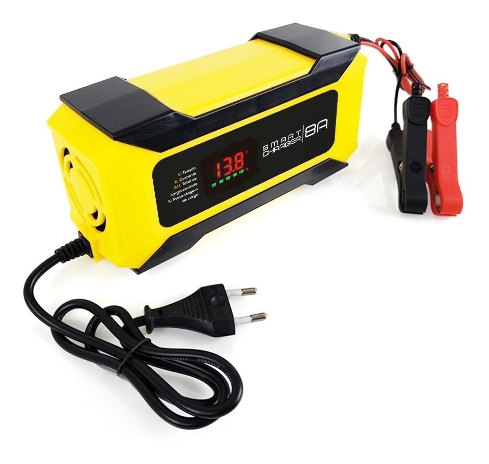 Carregador de Bateria Automotivo 8A Digital 12V com Voltímetro e Amperímetro - Carga Inteligente para Carro, Caminhonete e Caminhão