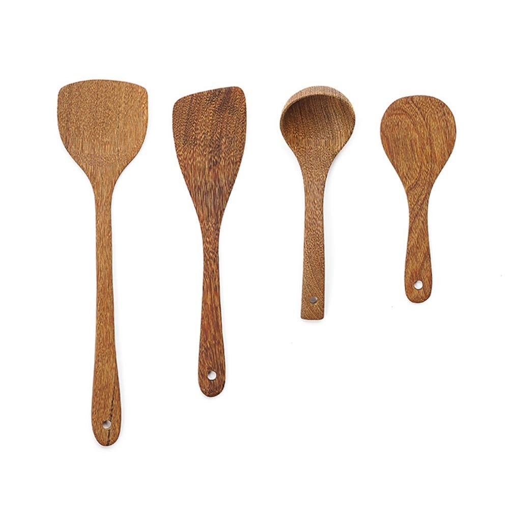 Conjunto de Utensílios de Madeira para Cozinha - 4 Peças com Espátula, Colher e Copo para Sopa Antiaderente