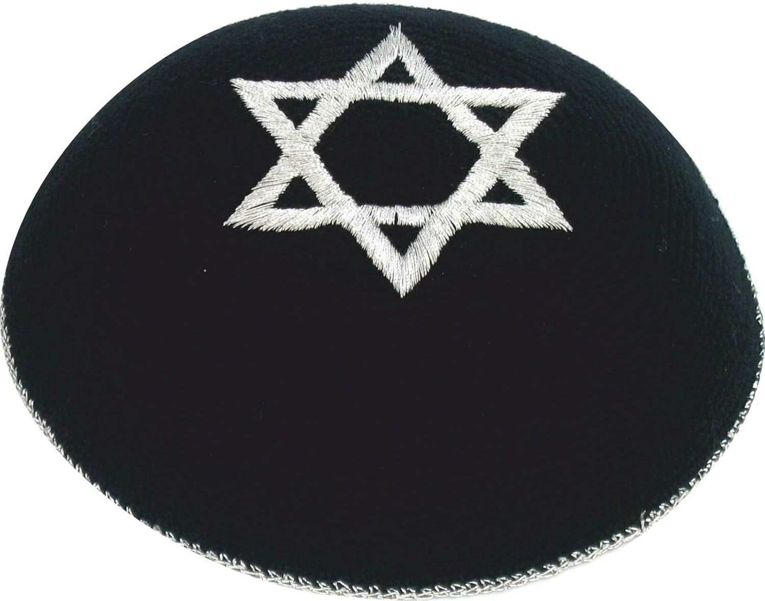Kipa Judaica Estrela de Davi em Crochê Preto com Detalhes em Prata - De Israel