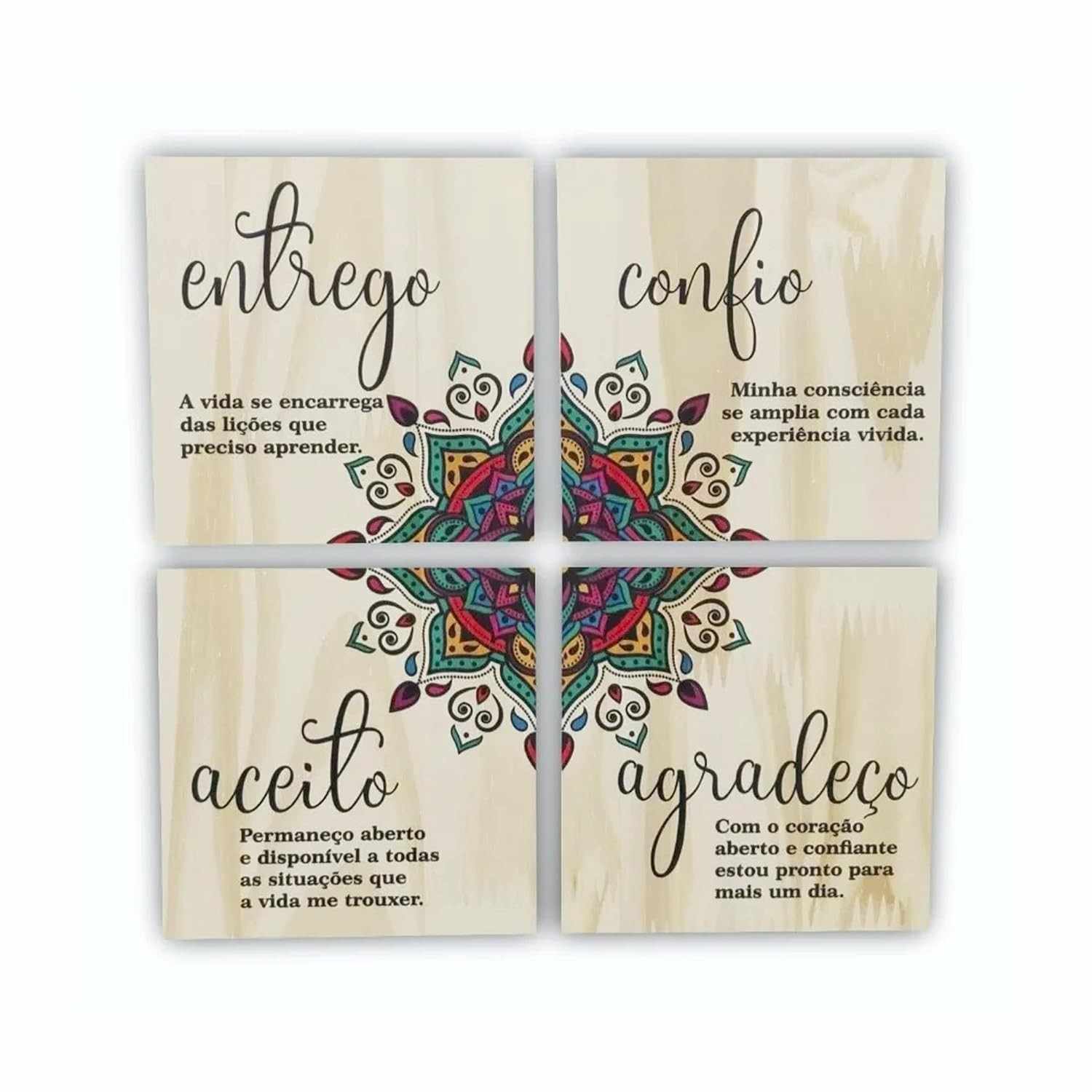 Kit 4 Quadros de Madeira com Mantras de Meditação - Entrego, Confio, Aceito e Agradeço
