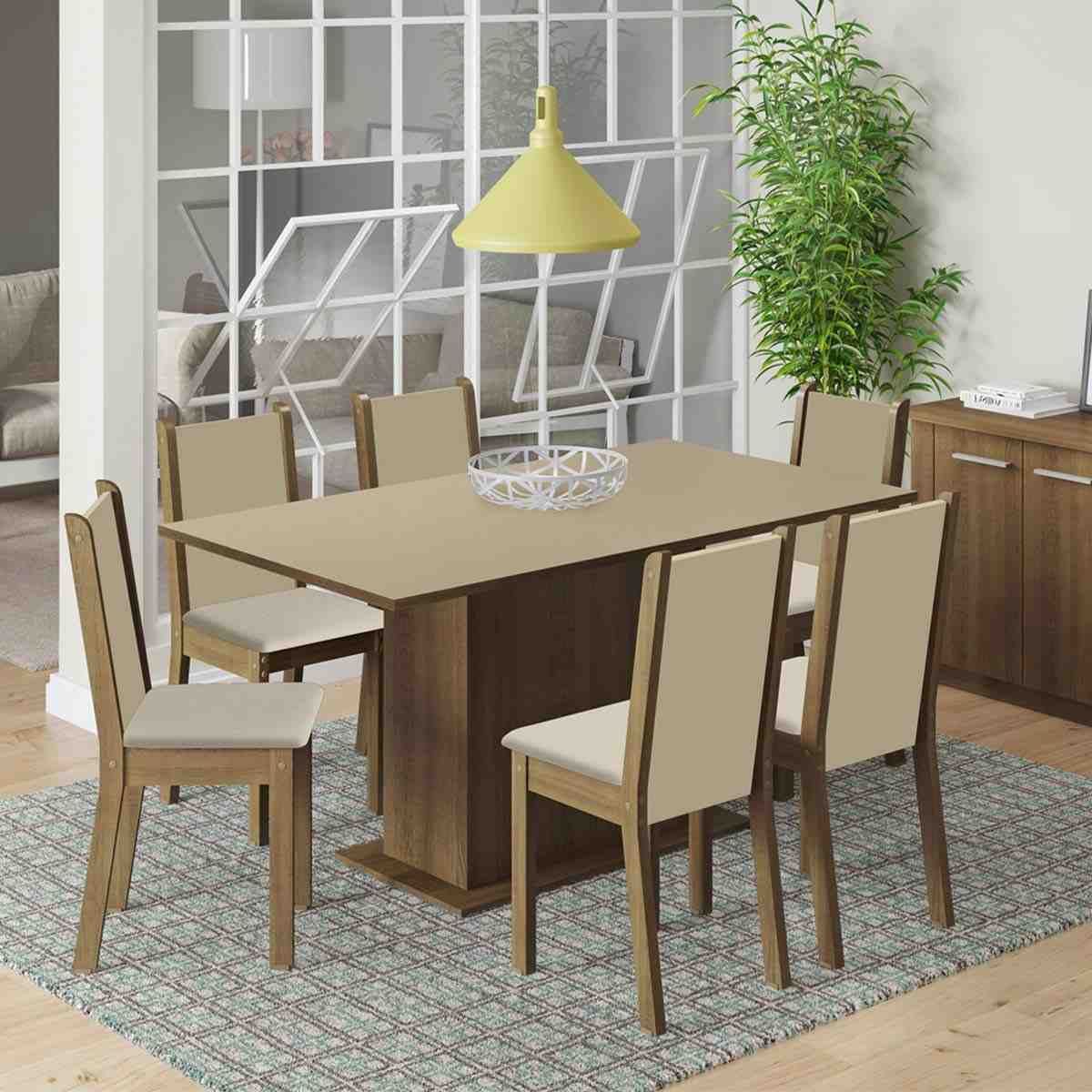Conjunto de Sala de Jantar Ohana Madesa - Mesa com 6 Cadeiras em Madeira, Estilo Rustic/Crema/Pérola