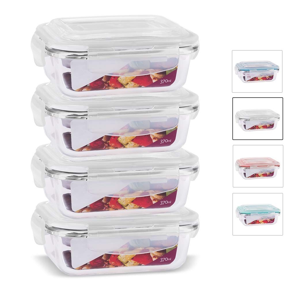 Kit 4 Potes de Vidro Retangular com Tampa Hermética 370ml - Frescor e Segurança na Cozinha