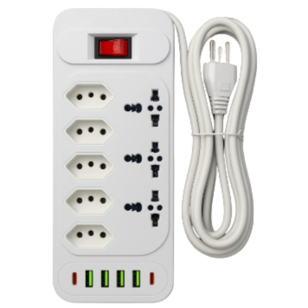 Filtro de Linha 5 Tomadas + 2 USB-A + 2 USB-C com Suporte de Parede Branco