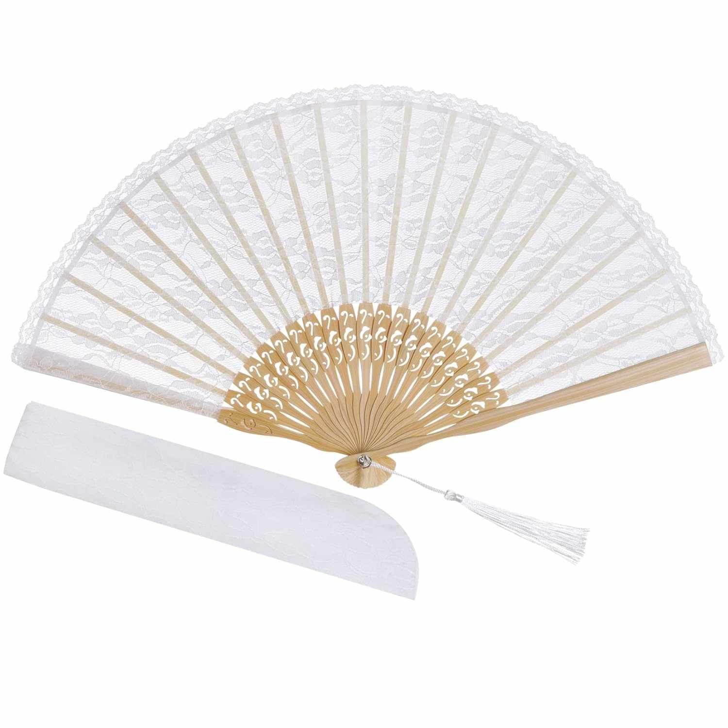 Choyaxo Leque Dobrável Chinês de Renda Branco - Ventilador de Seda com Bambu para Festas e Decoração