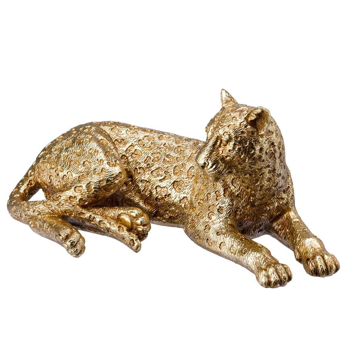 Escultura de Onça Dourada em Poli-Resina - Rafimex ES3304 - Tigre Deitado para Decoração Elegante