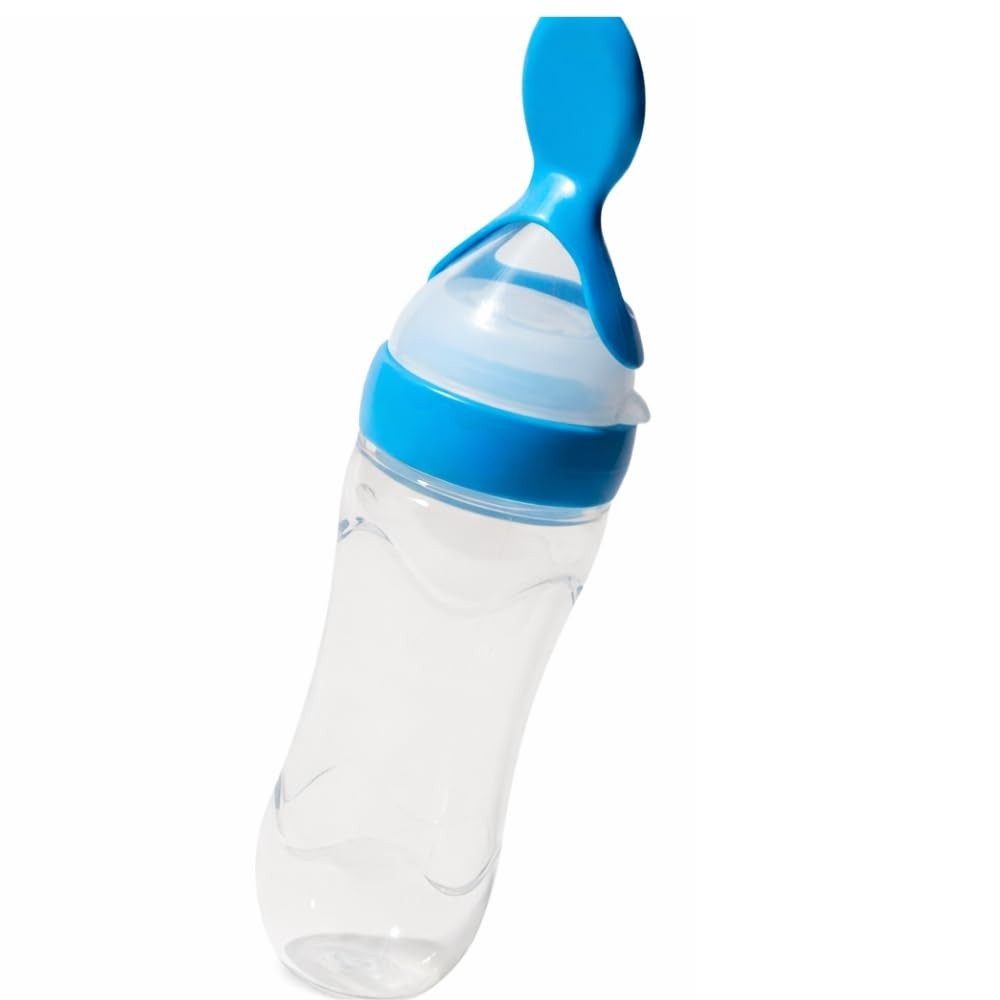 Colher Dosadora de Silicone para Bebê Azul 90ml com Tampa - Segura, Macia e Prática para Refeições Infantis