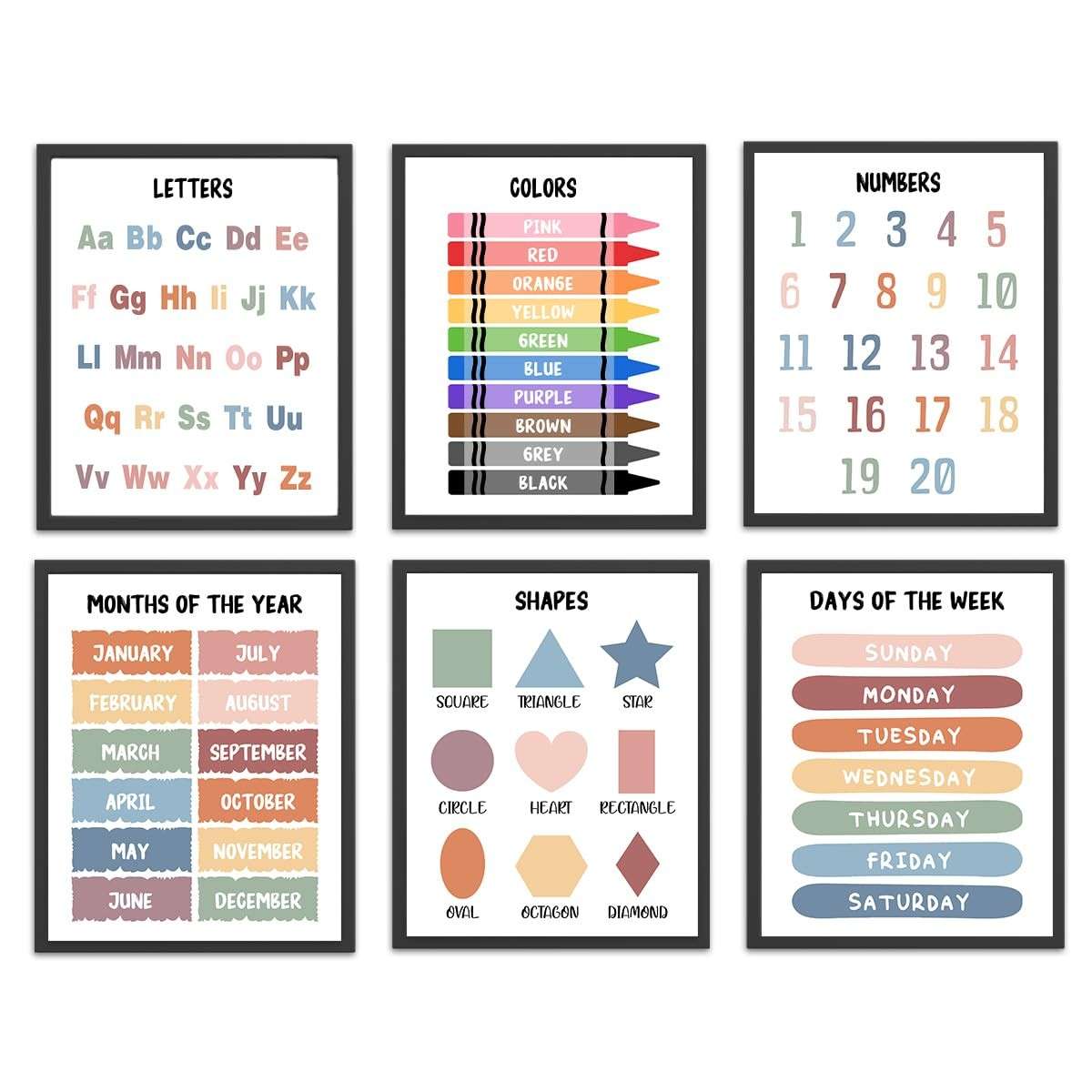 Conjunto de 6 Pôsteres Educativos para Crianças - Decoração e Aprendizado para Quarto e Sala de Aula