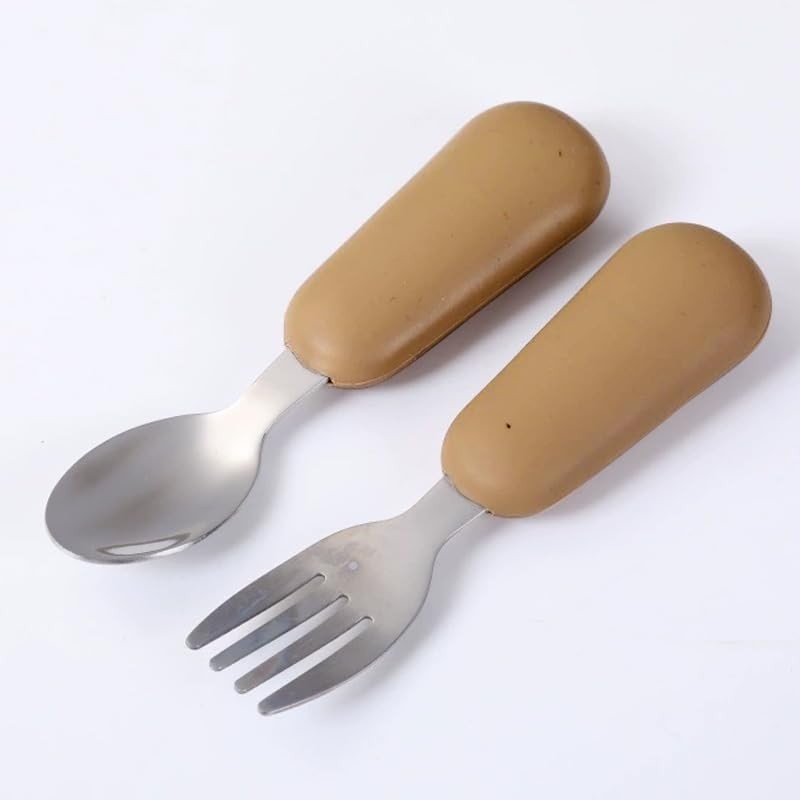 Conjunto de Colher e Garfo em Prata com Alça de Silicone - 6m+ | Seguro, Livre de BPA e Fácil de Segurar