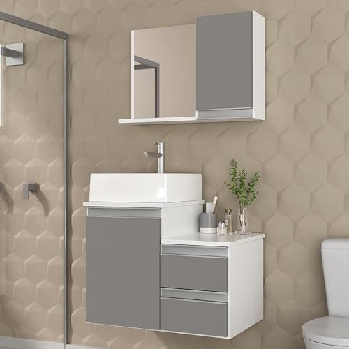 Gabinete de Banheiro Cross 60cm com Cuba e Espelho - Design Moderno em Branco e Cinza