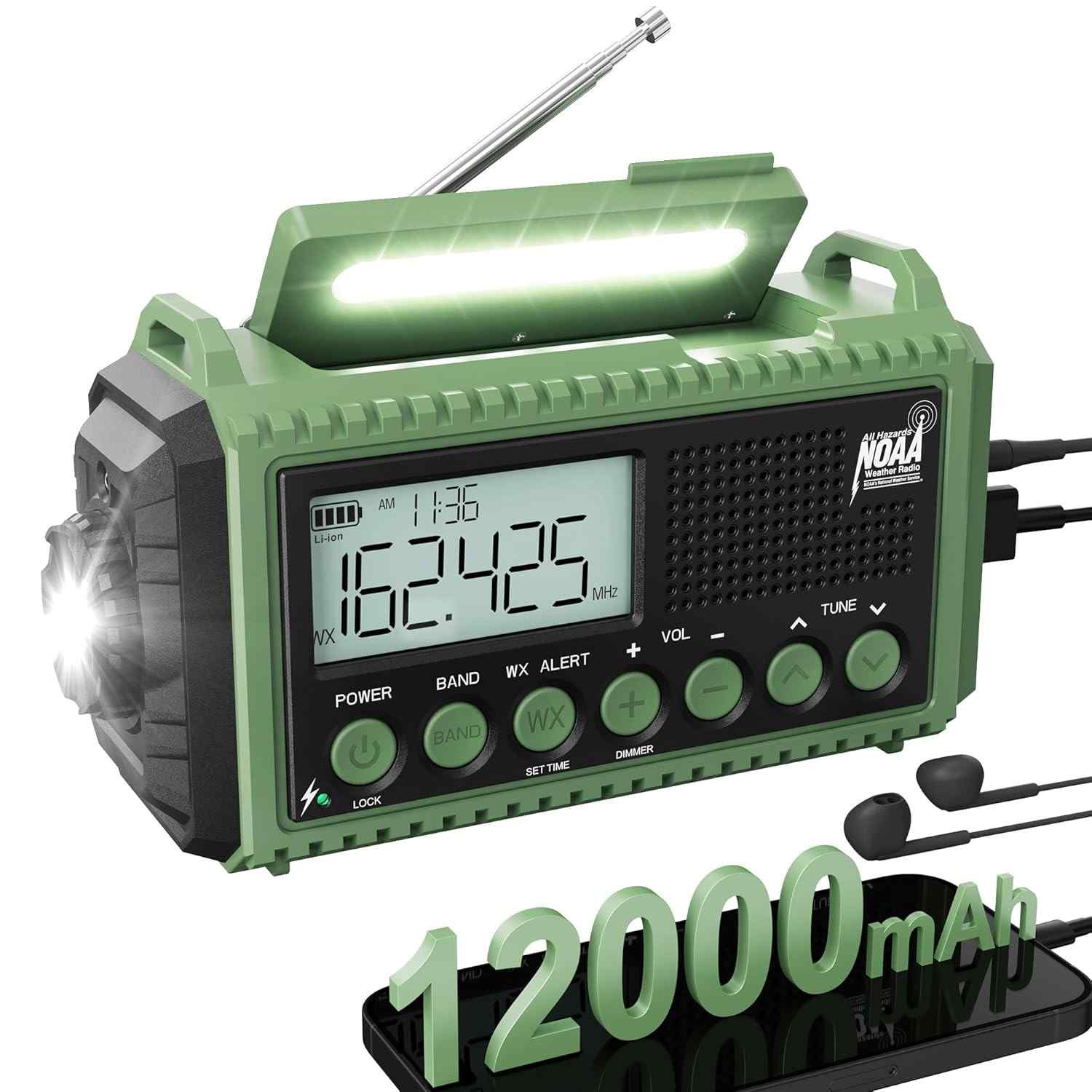 Rádio de Emergência 12000mAh: Alerta NOAA, Manivela Solar, Lanterna e Carregador Portátil