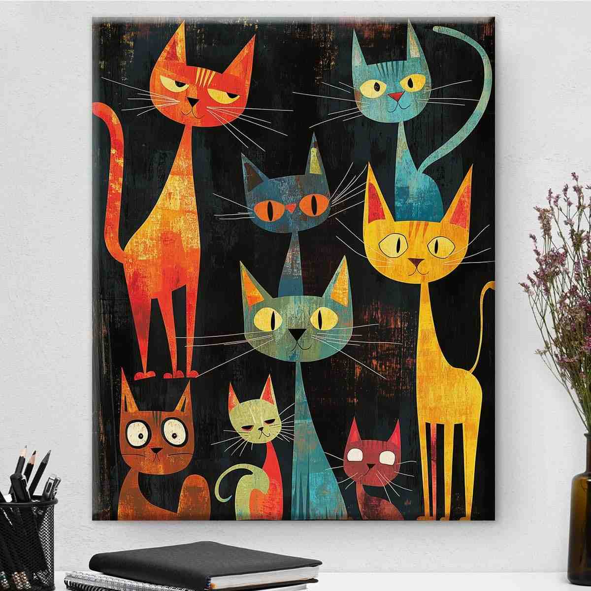 Arte de Parede de Gato Abstrata - Impressão em Tela Enquadrada 20x25cm