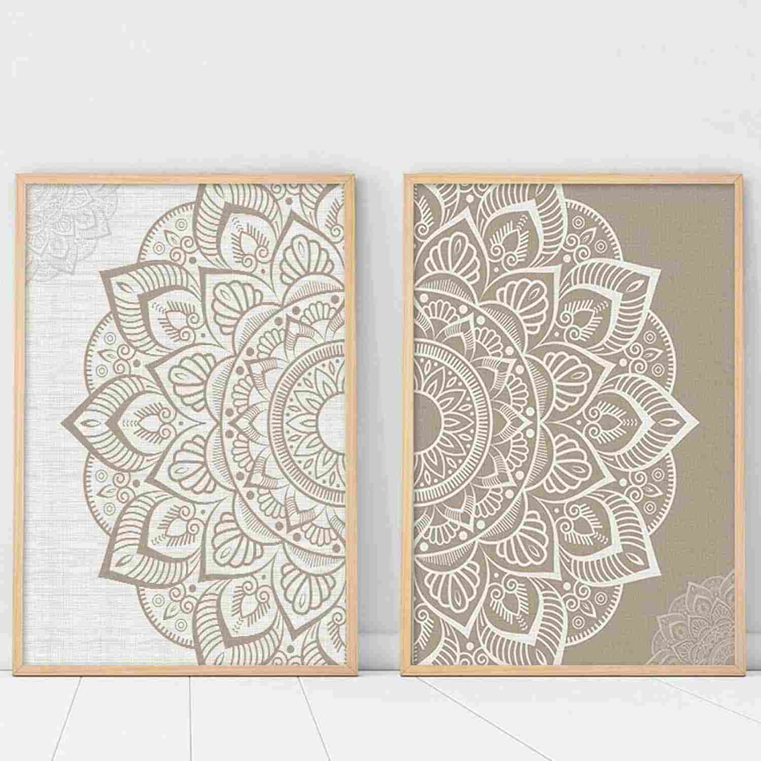 Arte de Parede Bodegón – ZBohemia Mandala Marron Estampado de Flores em Lona – Quadros Decorativos 30x45cm (2 unidades) – Sem Moldura