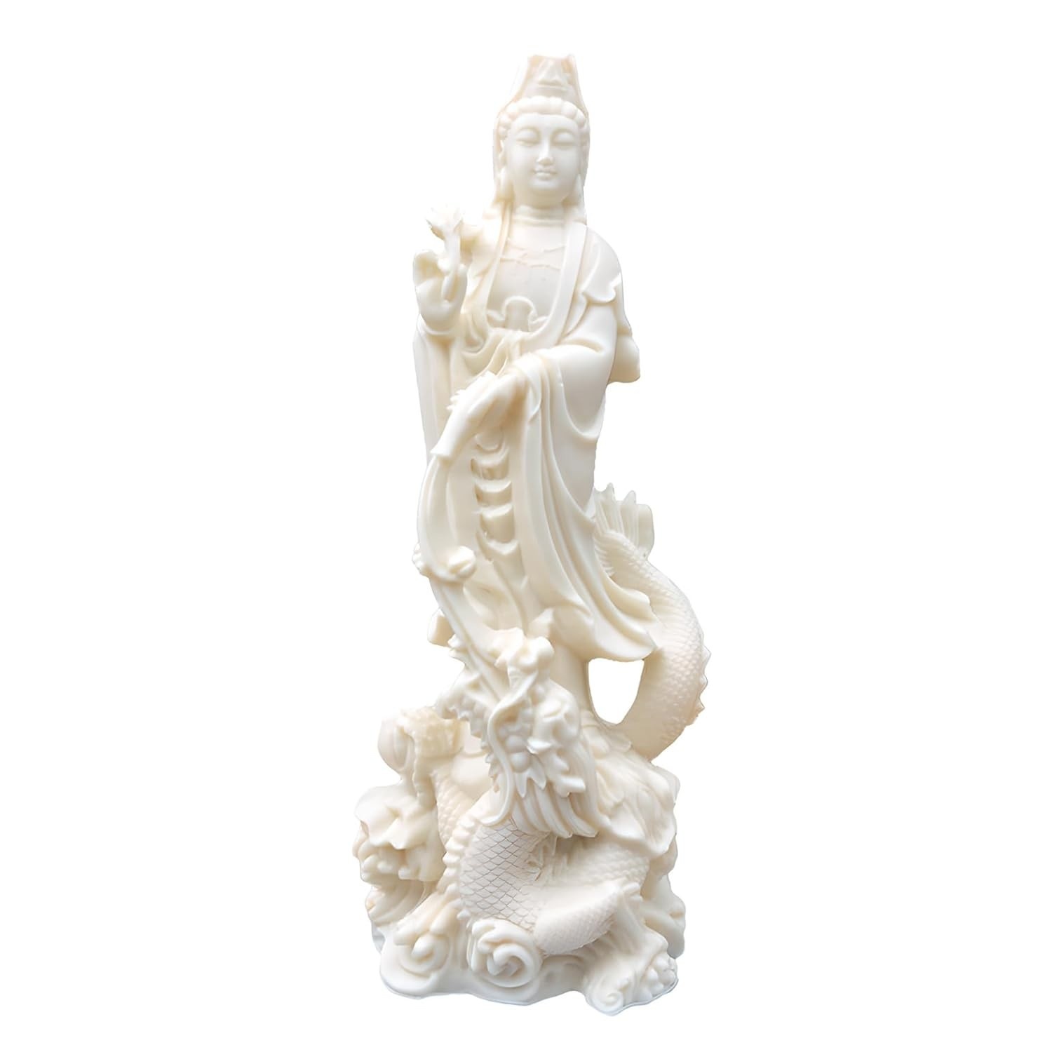 Estátua de Guanyin em Fruta de Marfim Montando Dragão - Decoração Feng Shui com Simbolismo Zen