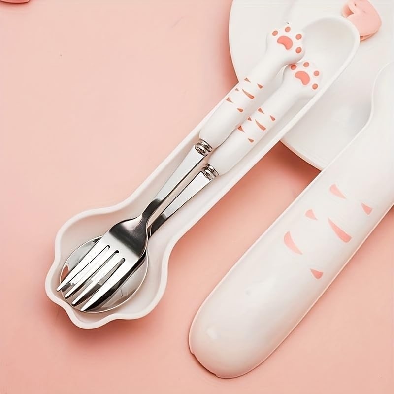 Conjunto de Talheres Portáteis em Aço Inoxidável com Estoque em Caixa – Design Fofo Pata de Gato Rosa