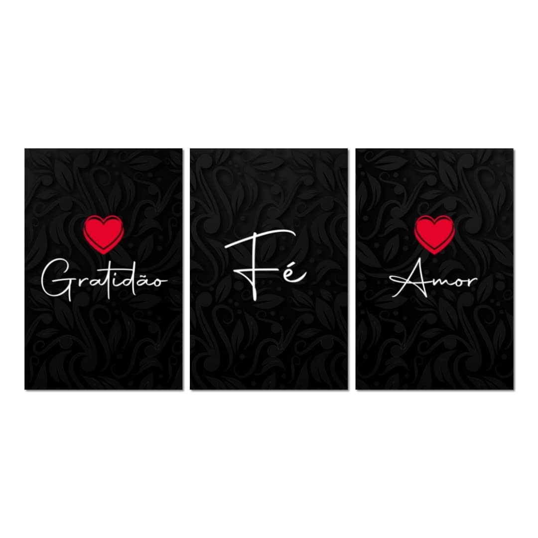 Kit 3 Placas Decorativas com Frases de Gratidão, Fé e Amor - 20x30cm em MDF Premium