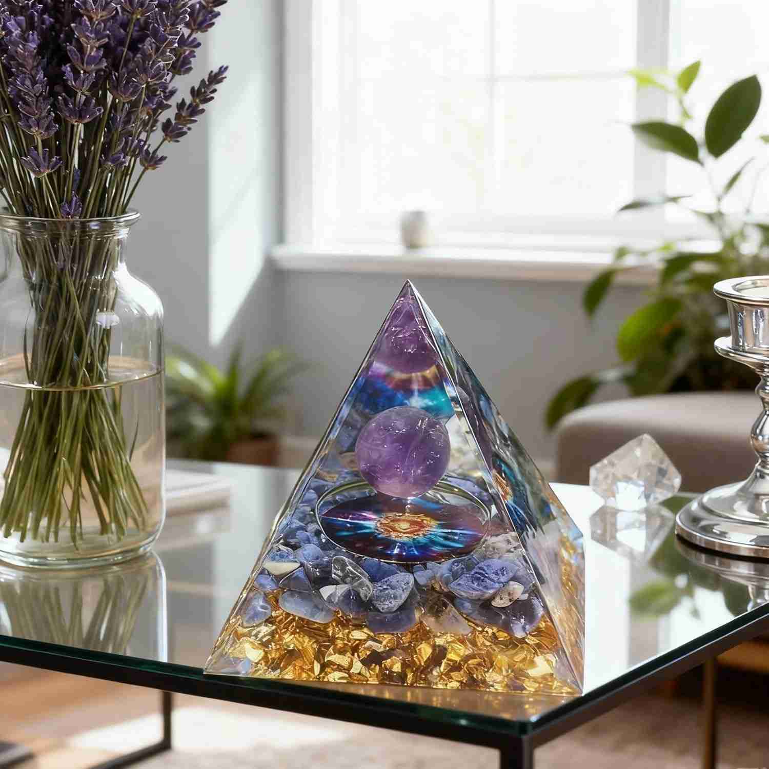 Ornamento de Resina com Pirâmide de Cristal Natural - Decoração Geométrica para Casa e Carro