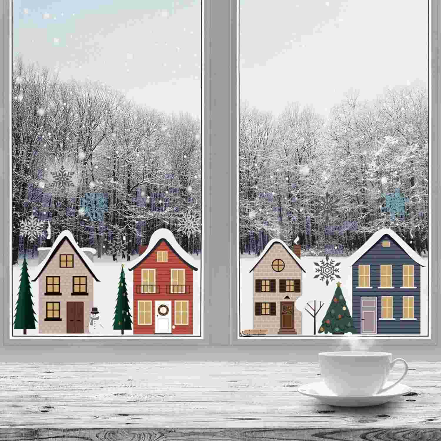 Adesivos de Janela Extra Grandes de Natal - Decoração Reutilizável com Cenário de Rua e Neve