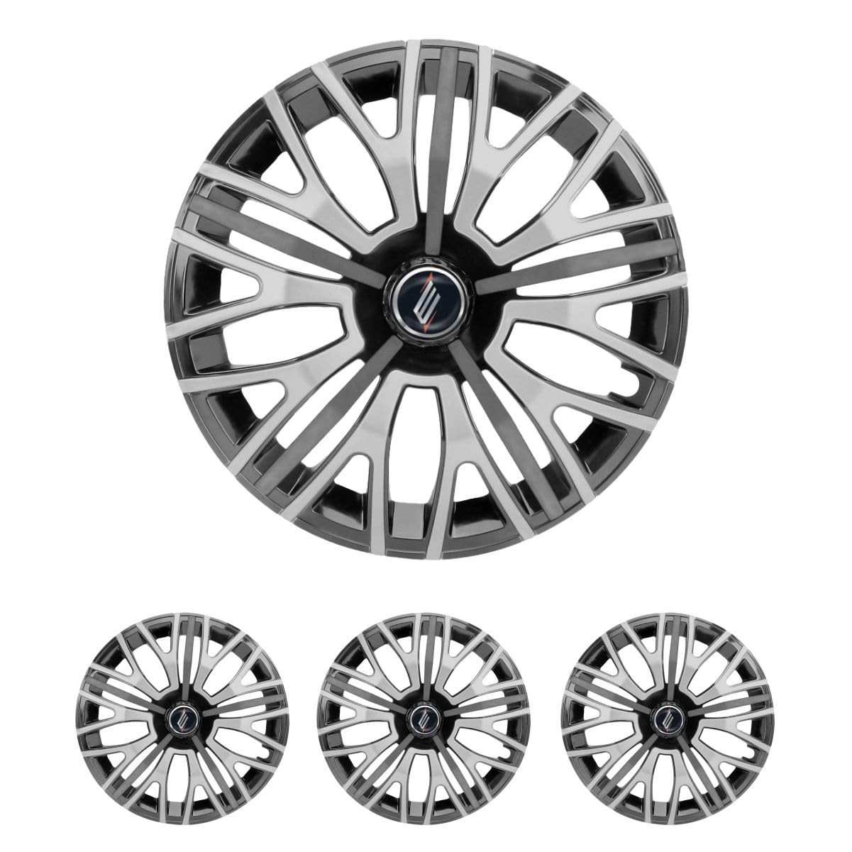 Jogo de Calotas Triton Sport Black Silver Graphite Aro 14 para Peugeot 206, 207, 208, 307, 4008 e Hoggar + Selos Resinadas