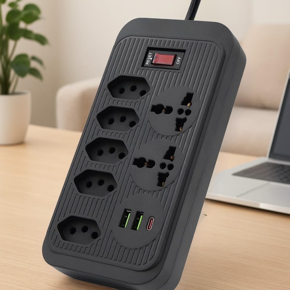 Régua de Energia Inteligente: 5 Tomadas Universais + 2 USB + 1 USB-C (Preta)