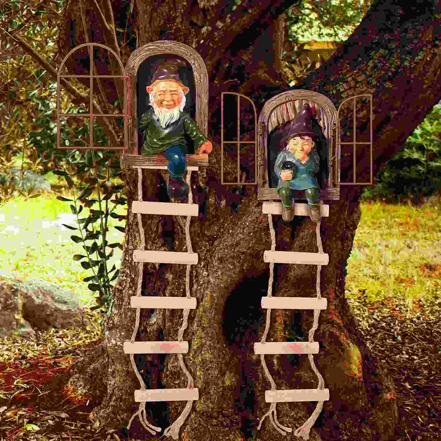 Conjunto de Estátuas de Jardim com Gnomos e Árvore Decorativa - 4 Peças em Resina para Decoração Externa
